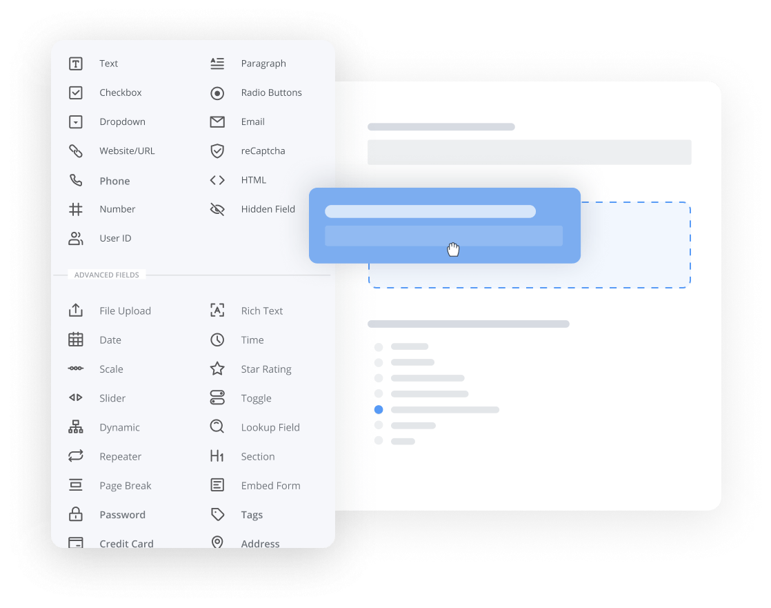 Stylized image depicting how easy it is to add fields with Formidable Forms' Form Builder.