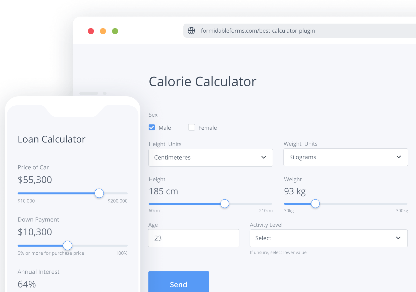 Stylized image depicting how Formidable Forms can be used to create a calorie calculator, part of the WordPress calculator plugin. 