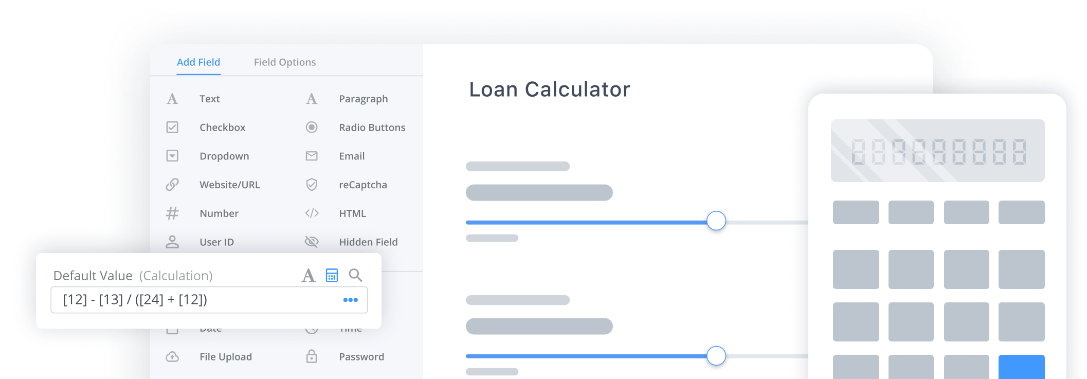 Stylized image depicting how Formidable Forms can perform calculations based on the values users insert in form fields, for instance to create a loan calculator.