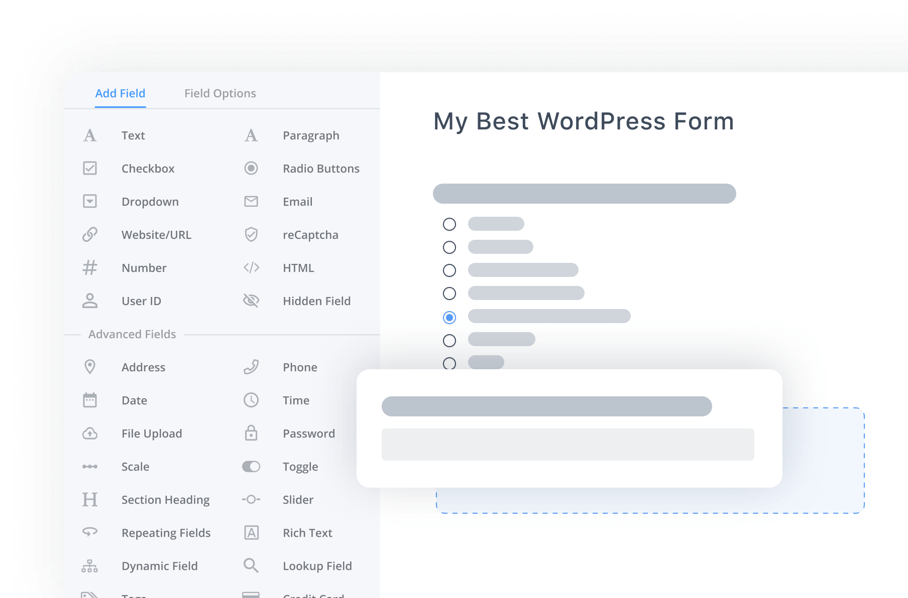 Stylized image depicting how easy it is to build forms with Formidable Forms. The image shows a list of field types that can be inserted into the form by drag-and-drop.