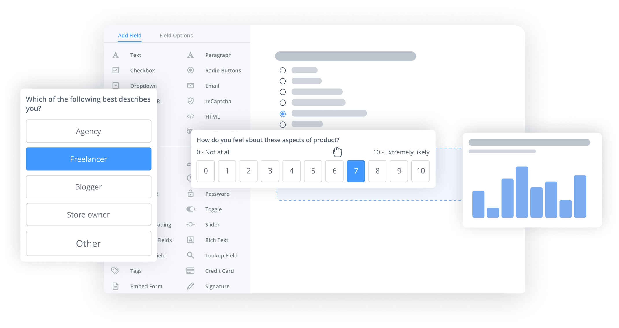 Stylized image depicting how easy it is to build forms with Formidable Forms. The image shows a list of field types that can be inserted into the form by drag-and-drop.