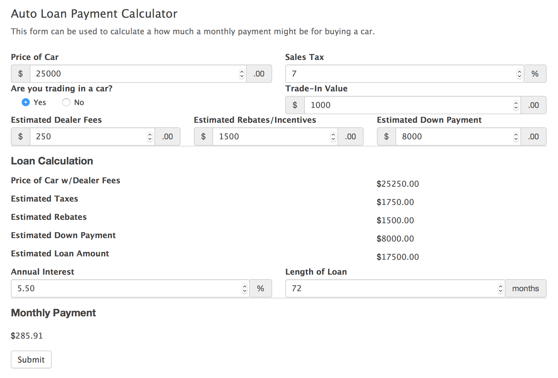 Loan payment calculator example with sales tax 