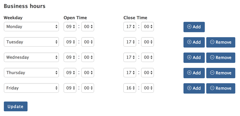 Edit business hours template form