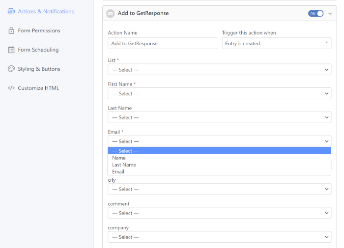 GetResponse integration settings