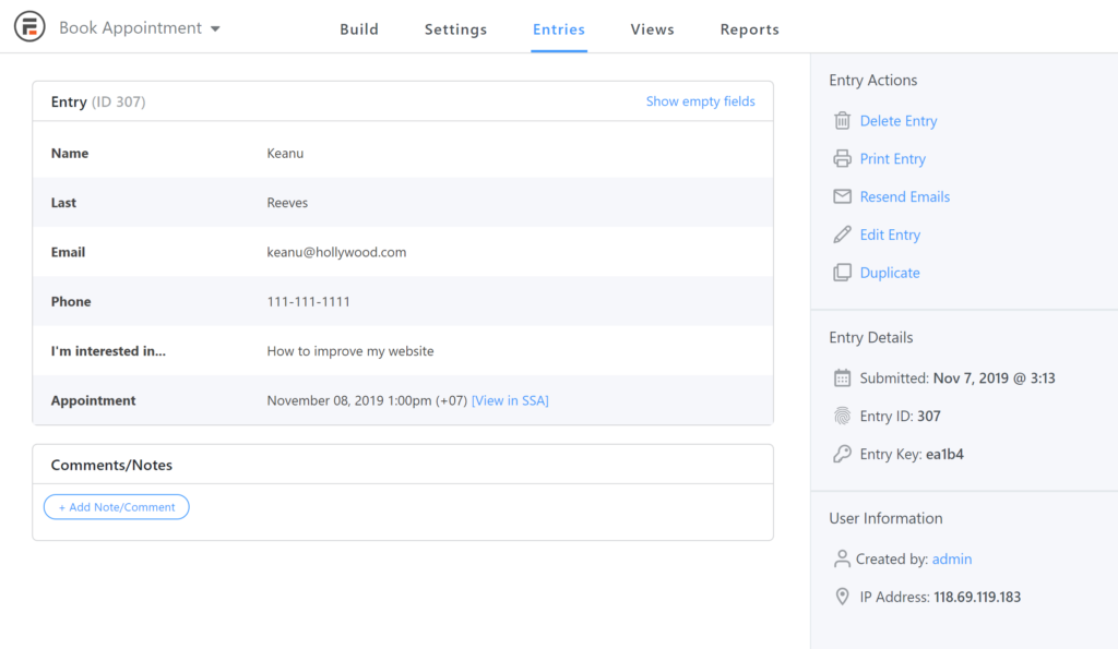 Backend form entry with linked booking