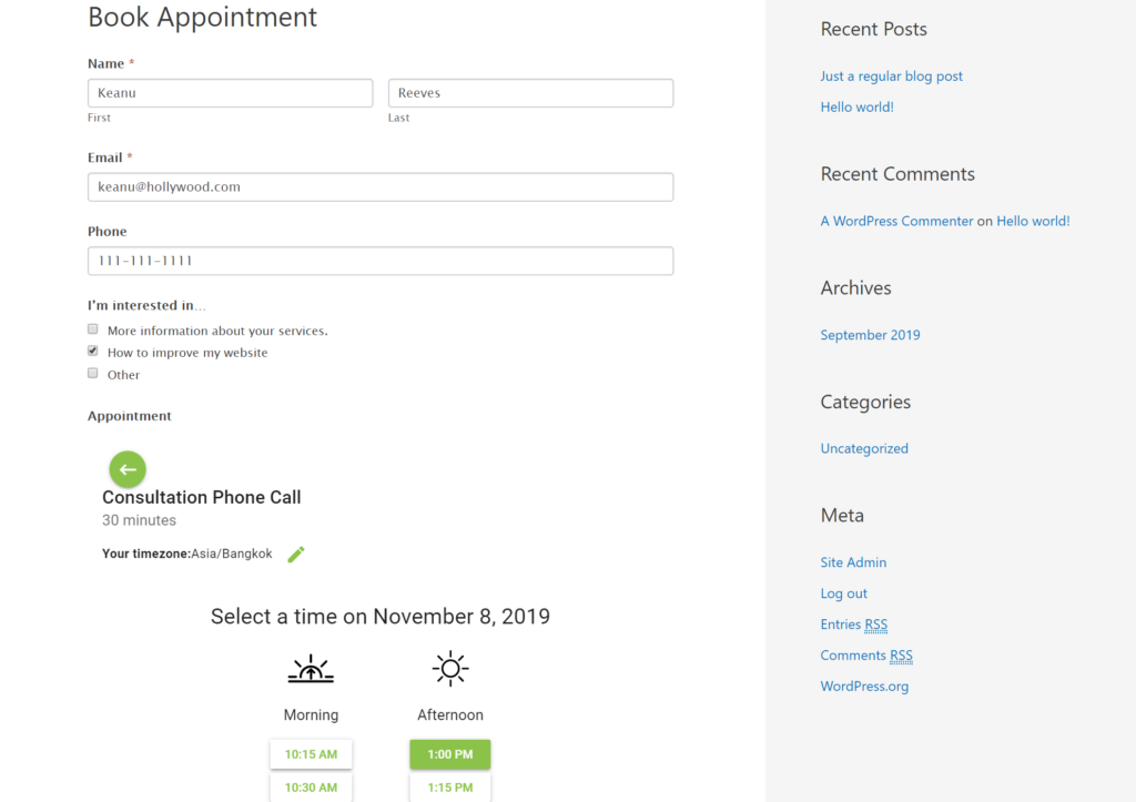 WordPress appointment booking form example