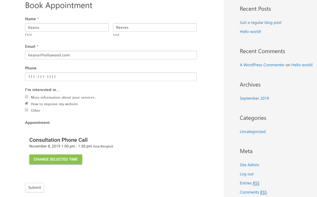 Choose appointment type to book in a WordPress form