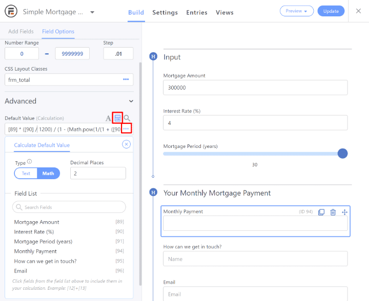 Set up calculator field for a mortgage calculator widget for wordpress