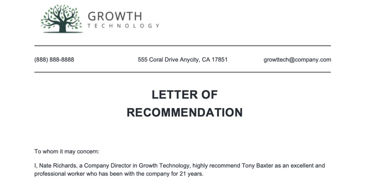 Letter of Recommendation Template