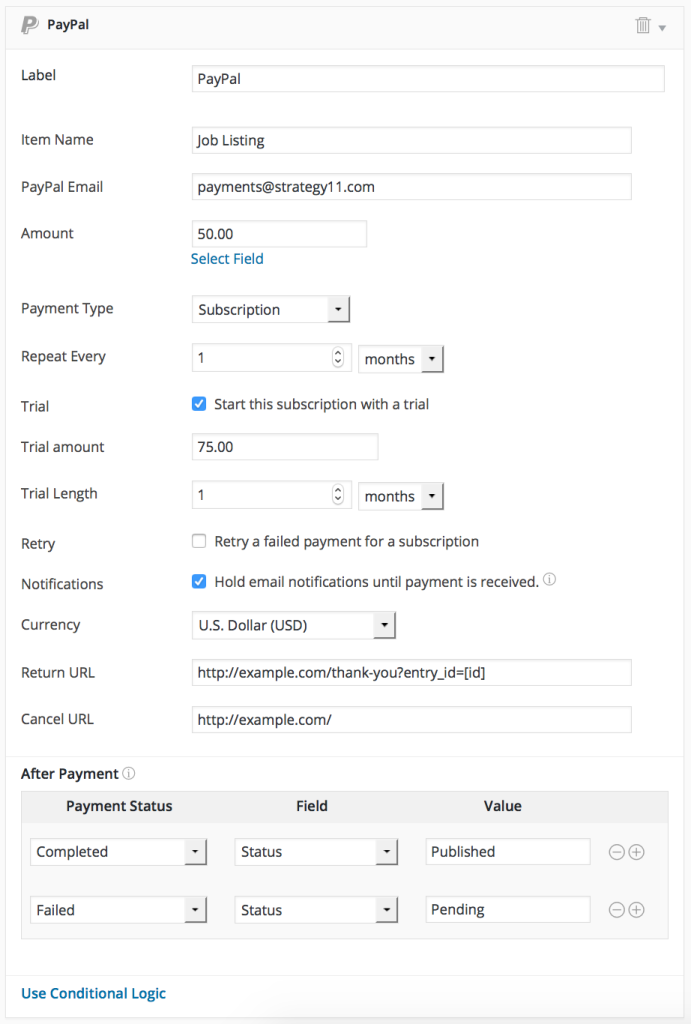 PayPal form settings