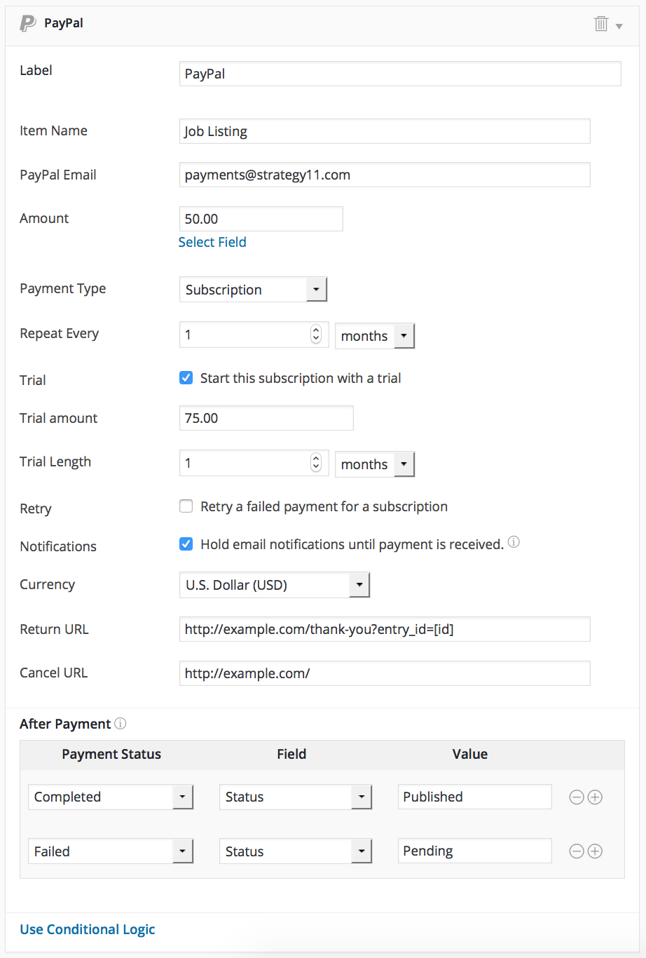 PayPal integration settings